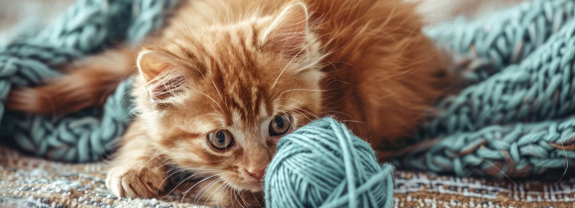 Cute cat playing with ball of yarn