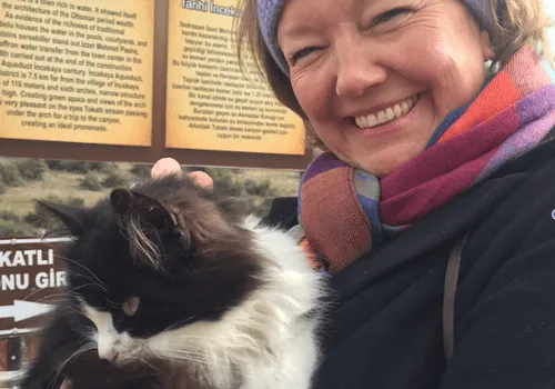 Although the weather in Turkey was colder than expected, Kelly Hayes-Raitt still enjoyed her "kitty-time." Safranbolu, Turkey